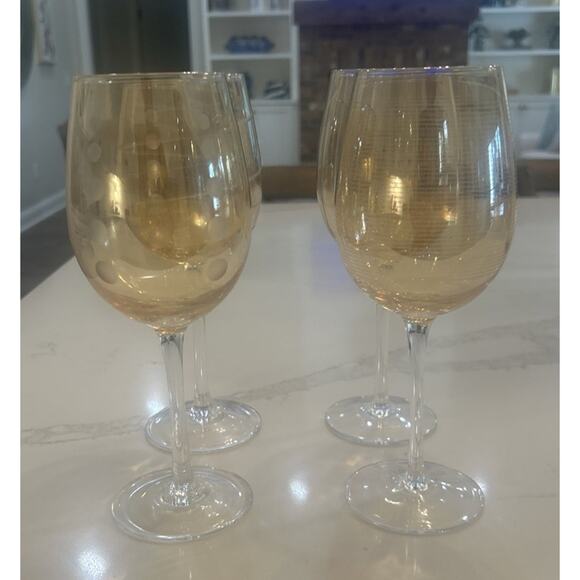 Mikasa Set Of 4 Cheers Orange Stemmed Crystal Wine Glasses Etched Patterns - Picture 5 of 15